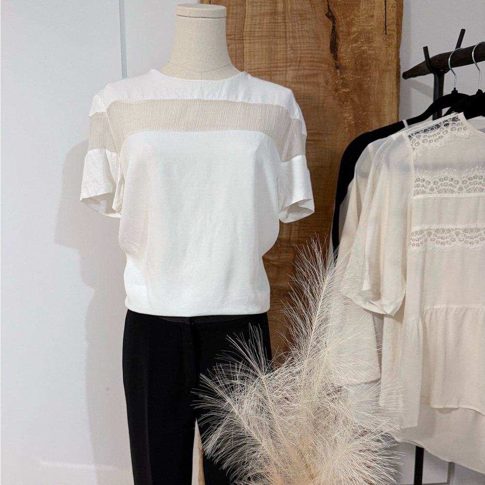 Sandro Cream Boxy Top with Short Sleeves